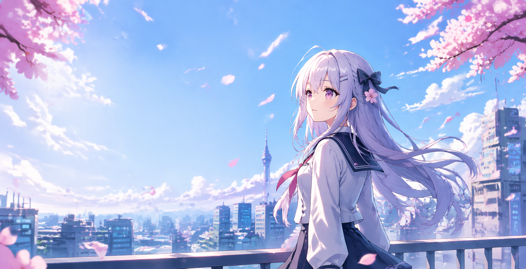 Anime girl on a city rooftop homepage background